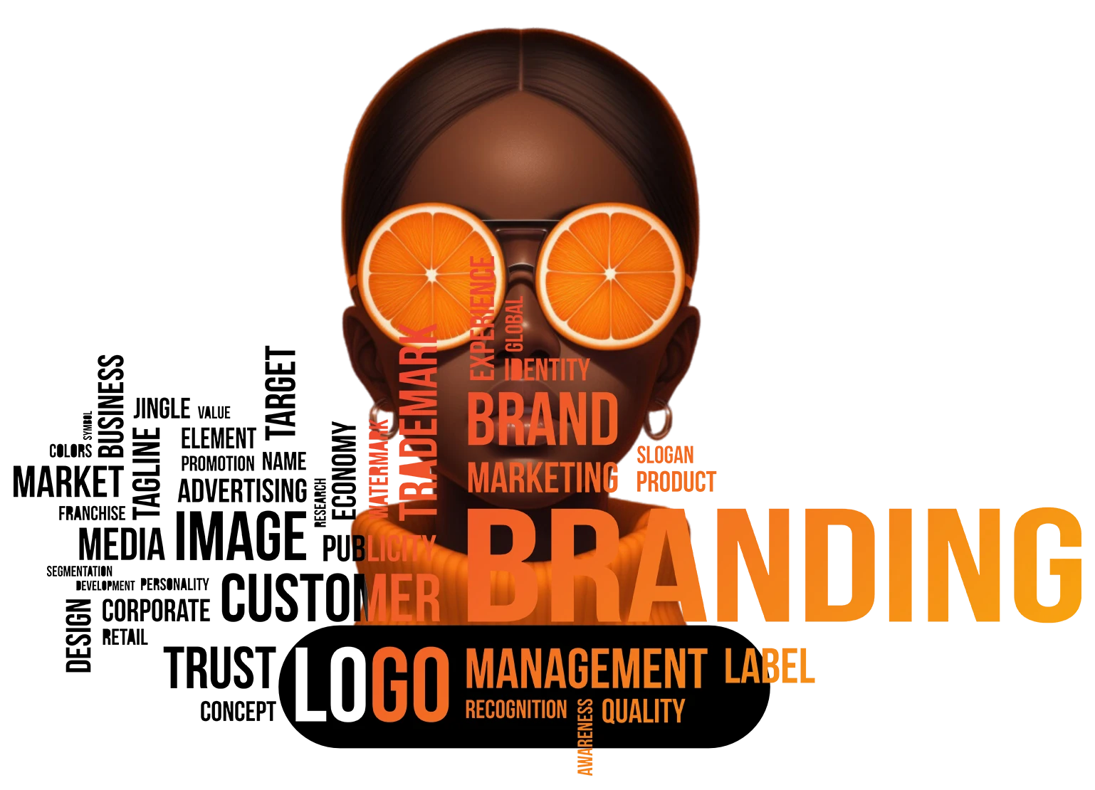 A stylized illustration of a person's head with dark skin and hair, wearing round glasses made of orange slices. The head is covered and surrounded by various orange and white words related to branding, including "BRANDING" (largest), "BRAND," "MARK