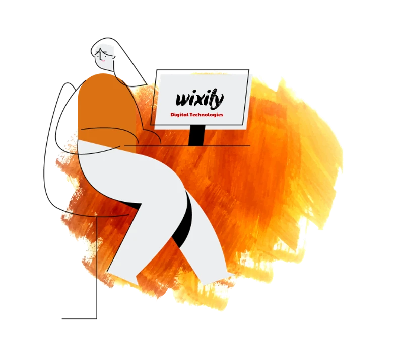 A stylized illustration of a person working at a computer, with "wixily Digital Technologies" displayed on the screen. The scene is set against an abstract orange and yellow brushstroke background.